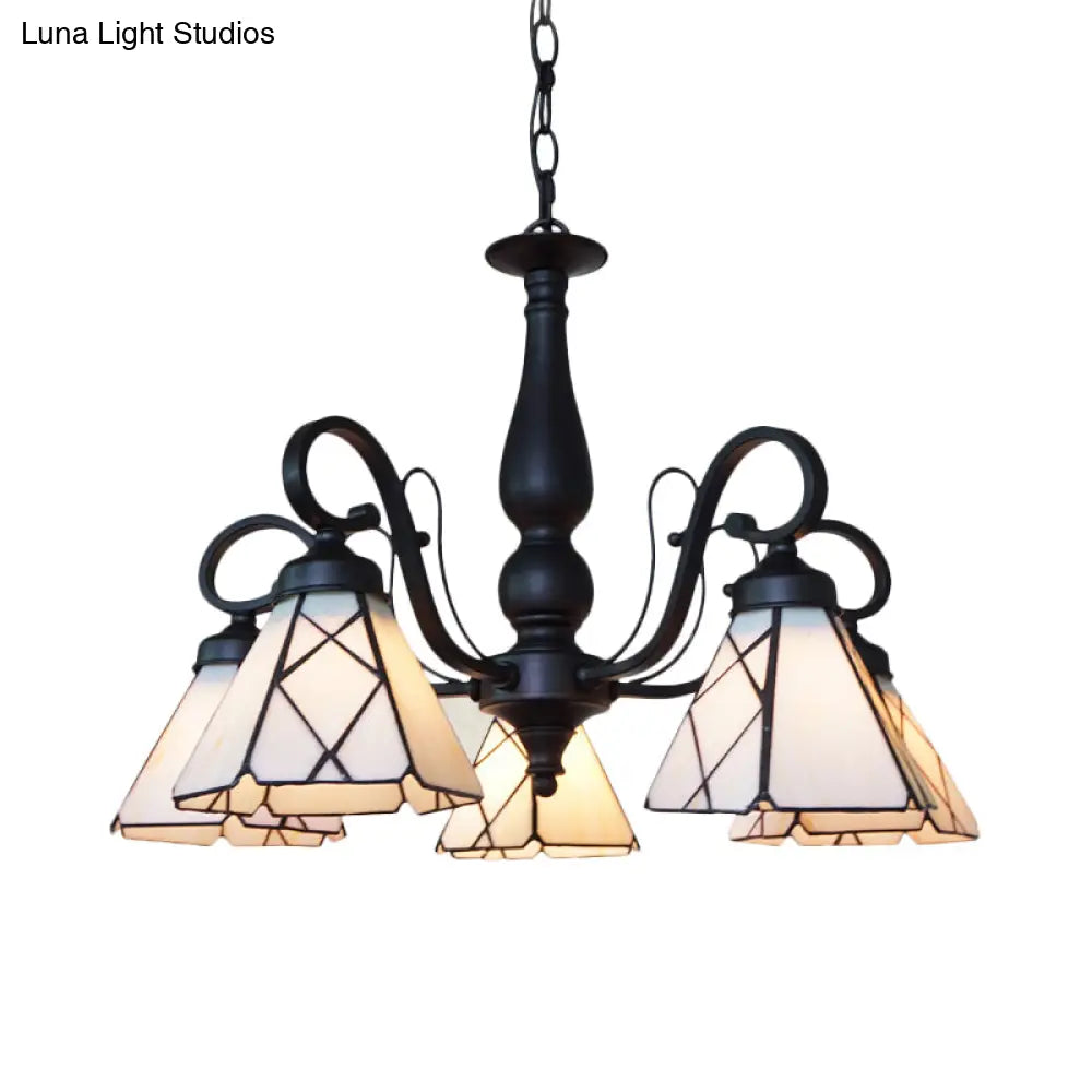 Rustic Cone Pendant Light With Gooseneck Rhombus/Leaf Pattern - 5 Lights Stained Glass Chandelier
