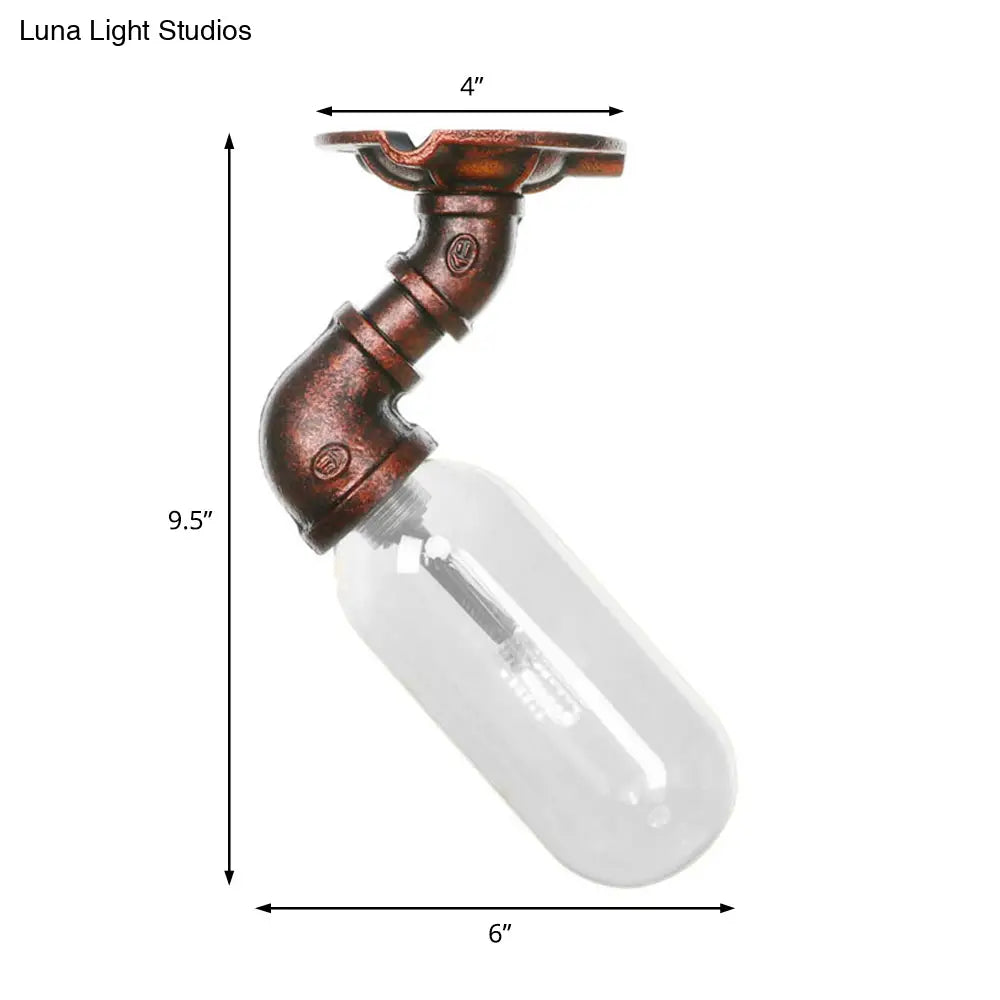 Rustic Copper Single Light Industrial Ceiling Fixture With Clear Glass Capsule Shade And Pipe Design