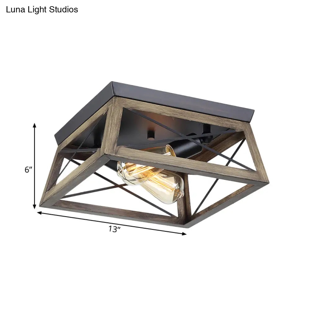Rustic Cuboid Wood Frame Ceiling Lamp - 2-Light Brown Flush Mount Fixture