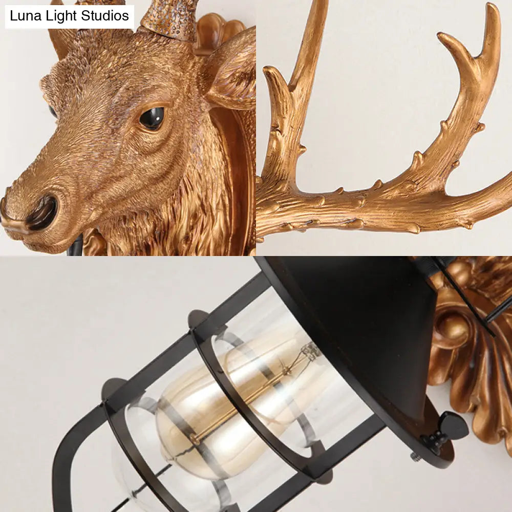 Rustic Elk Head Wall Sconce With Cage - 1-Light Courtyard Lamp Fixture In Brown Resin