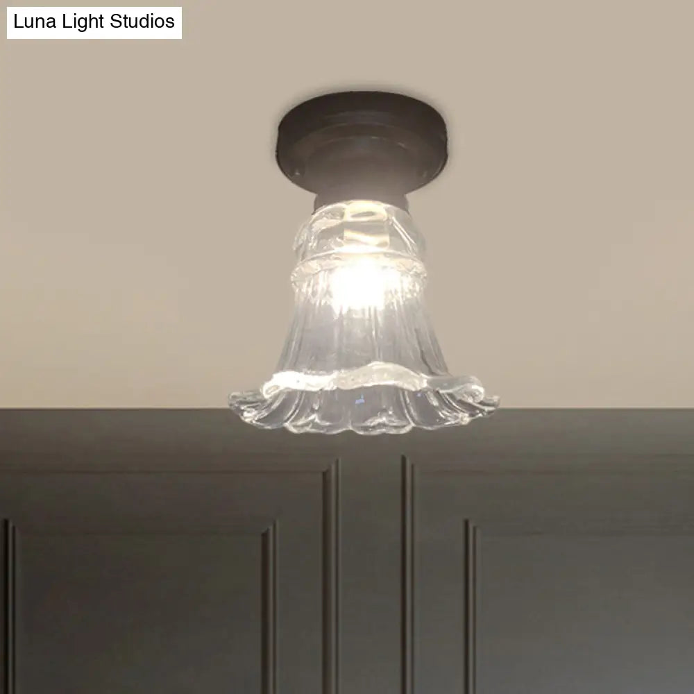 Rustic Fluted Glass Ceiling Lamp: Rural Style Blossom Flush Mount In Black