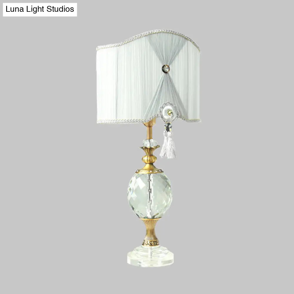 Rustic Globe Night Lamp With Crystal Table Light - Single Bulb White Drum Fabric Shade