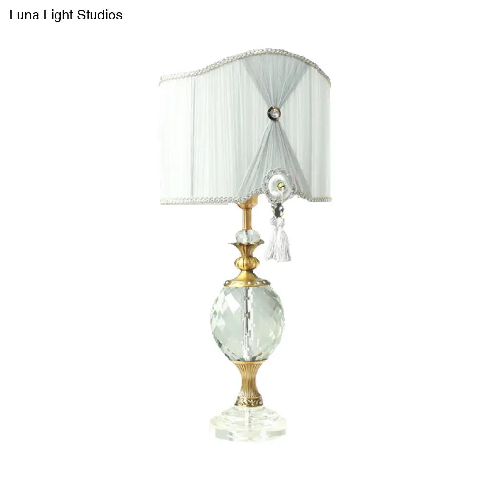 Rustic Globe Night Lamp With Crystal Table Light - Single Bulb White Drum Fabric Shade