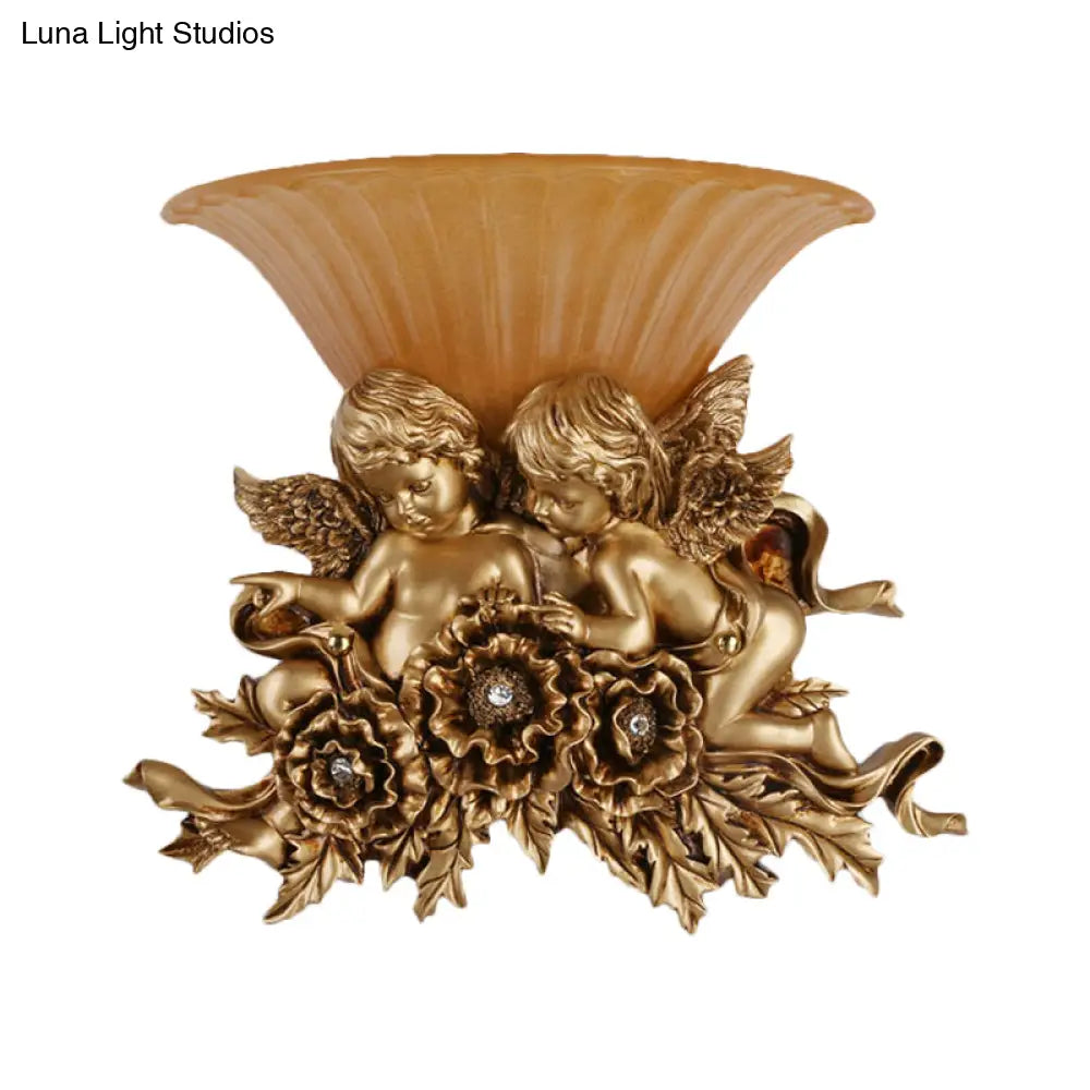 Rustic Gold/Beige Opal Fluted Glass Wall Light With Dual Angels Decor - Mounted Lamp