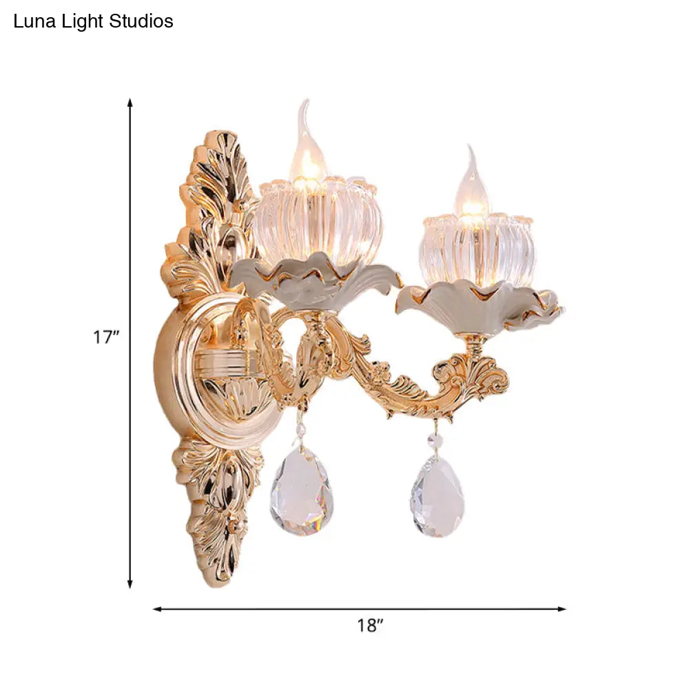Rustic Gold Ruffle Wall Mount Sconce Light With Clear Ribbed Glass - Traditional Design