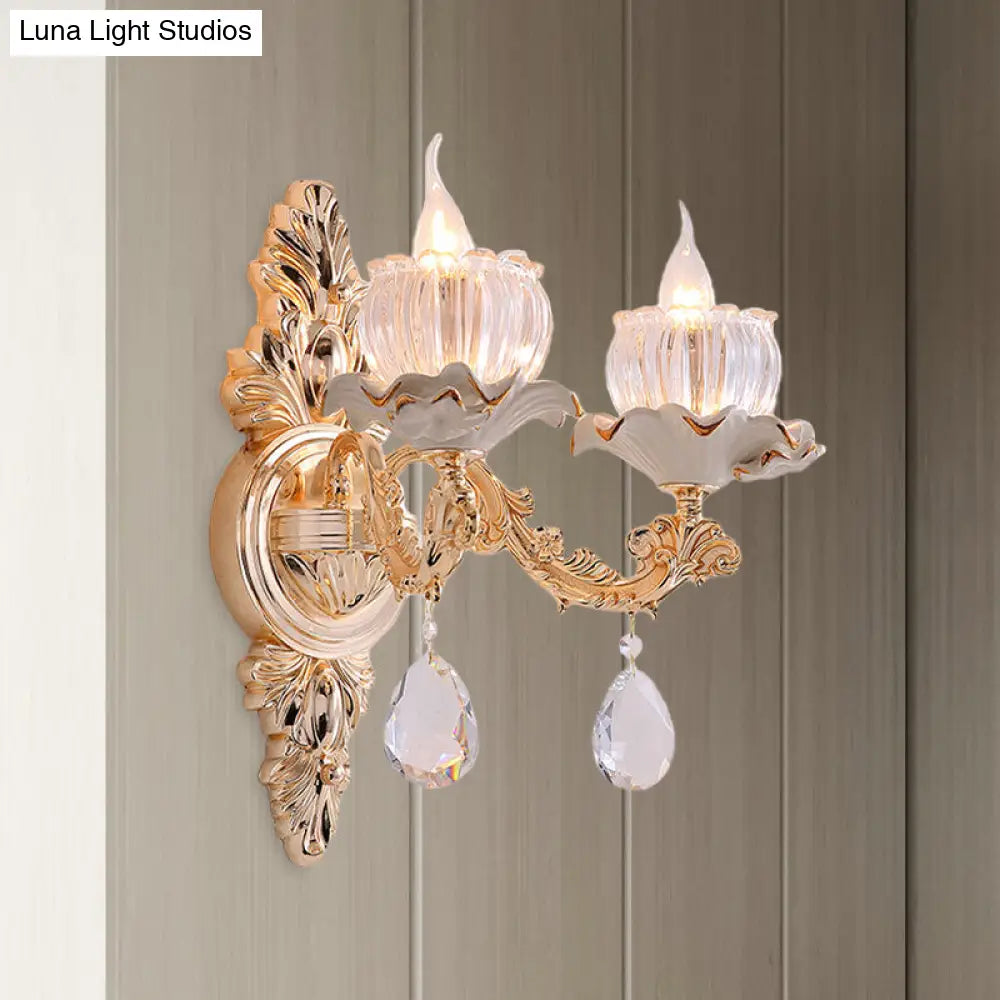 Rustic Gold Ruffle Wall Mount Sconce Light With Clear Ribbed Glass - Traditional Design