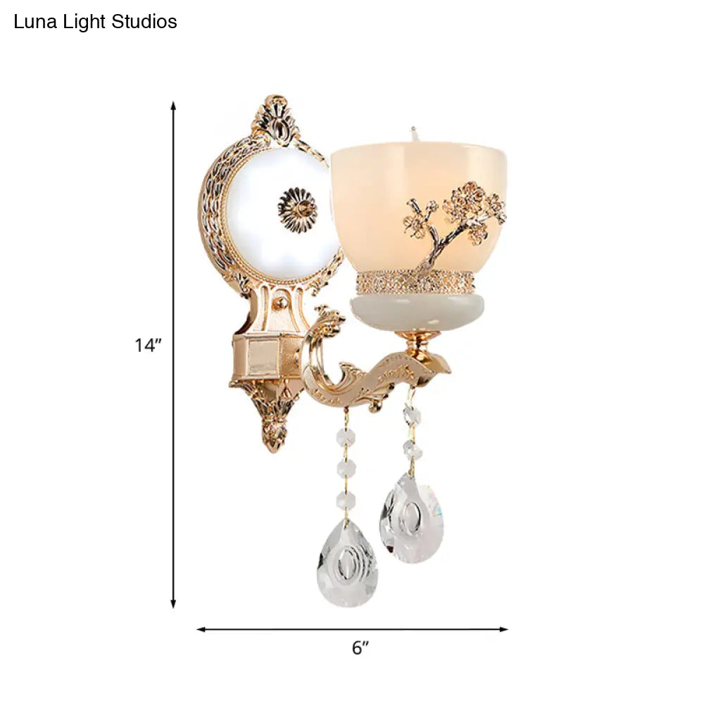 Rustic Gold Wall Sconce With Flower-Embossed Bowl And Frosted Glass - Crystal Accent