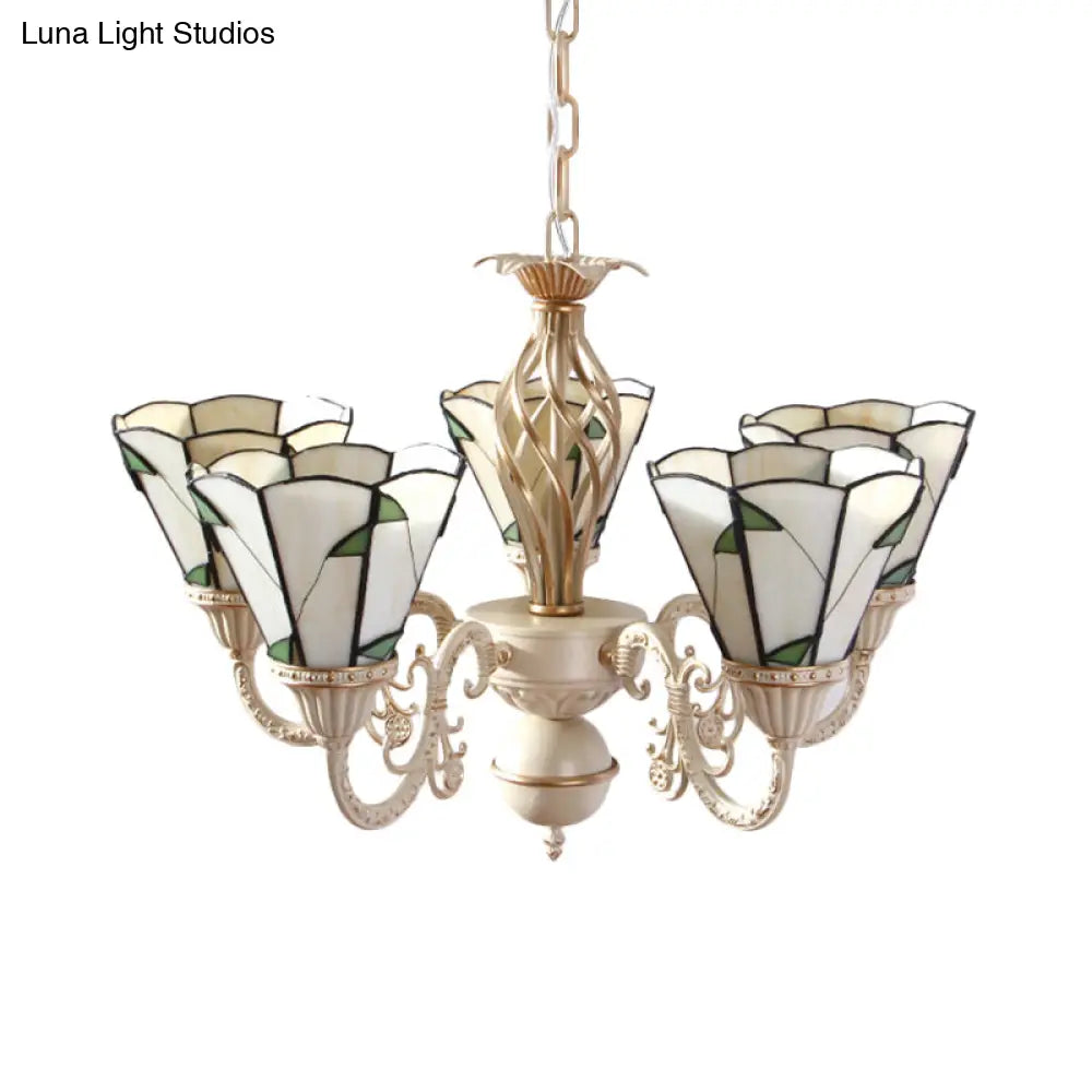 Rustic Green Leaf Chandelier With Beige Glass - 5-Light Hanging Ceiling Fixture For Hall
