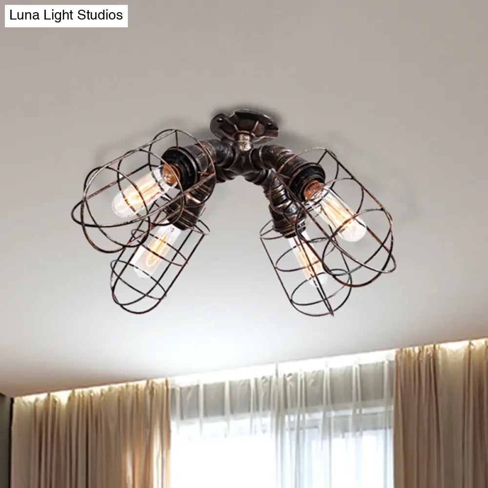 Rustic Industrial Caged Bedroom Ceiling Fixture - Semi-Flush Mount With Pipe Design Bronze/Aged