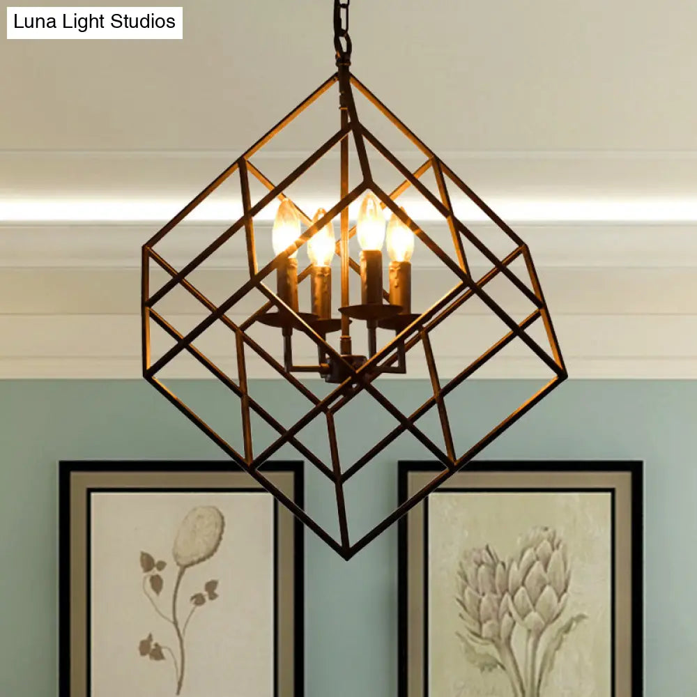Rustic Iron Chandelier Pendant With 4 Lights - Vintage Loft Hanging Lamp For Restaurants Cubic Cage