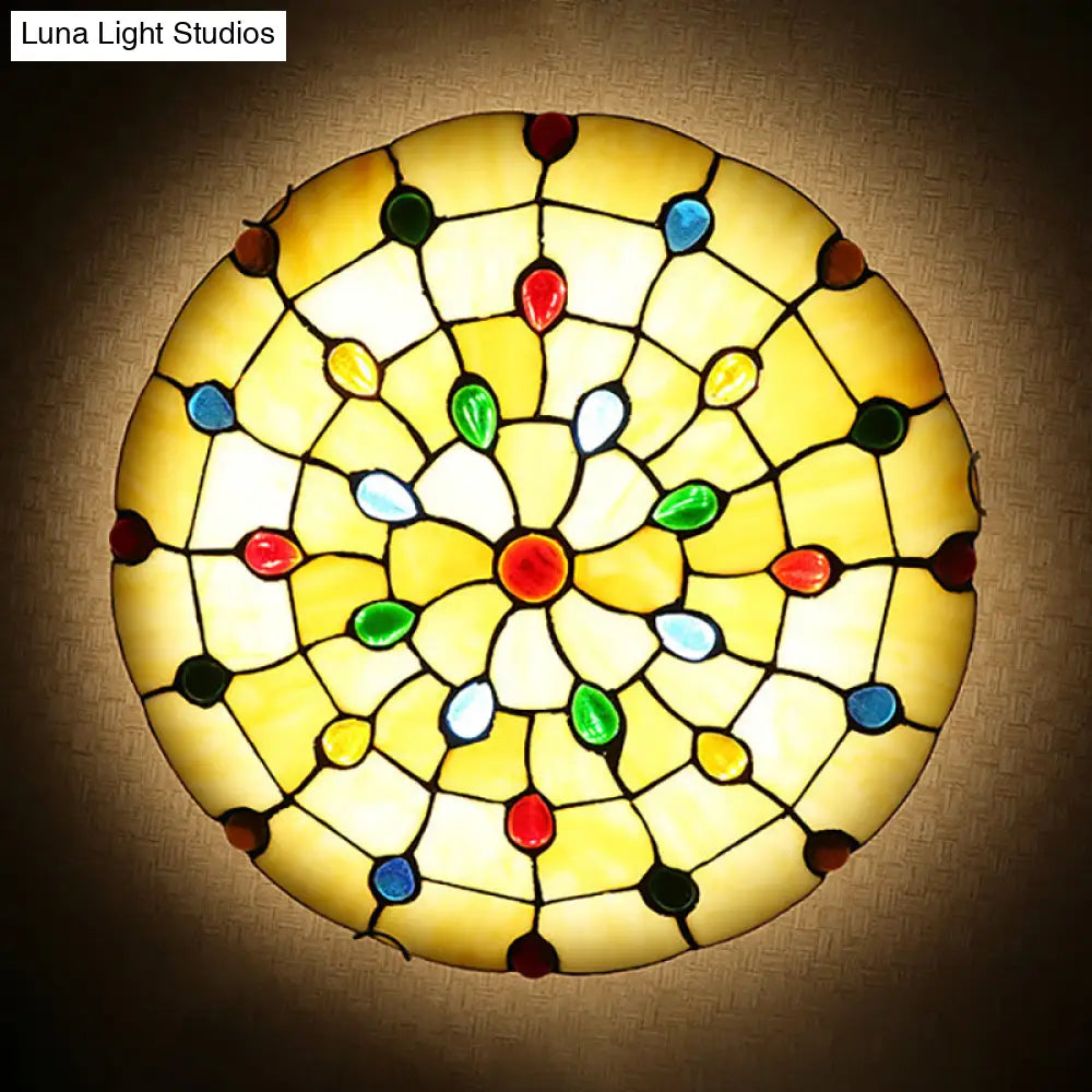Rustic Loft Stained Glass Flush Mount Light In Beige/Yellow - 12’/16’/19.5’ Diameter Bedroom