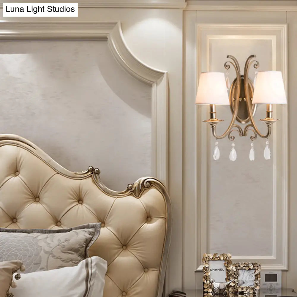 Rustic Metal And Fabric Tapered Wall Light Fixture - Gold Sconce Lamp Bedroom Décor