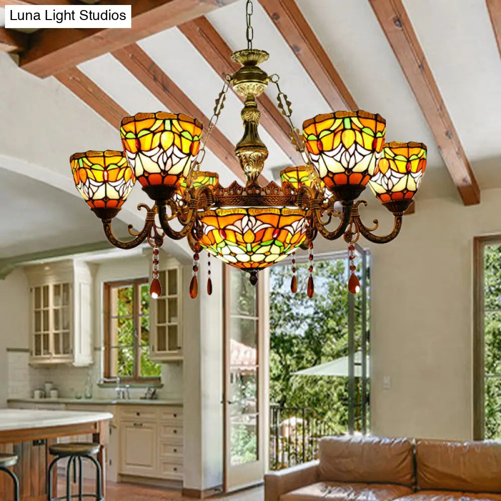 Rustic Orange Tiffany Chandelier With Flower Stained Glass And Agate Pendant For Living Room