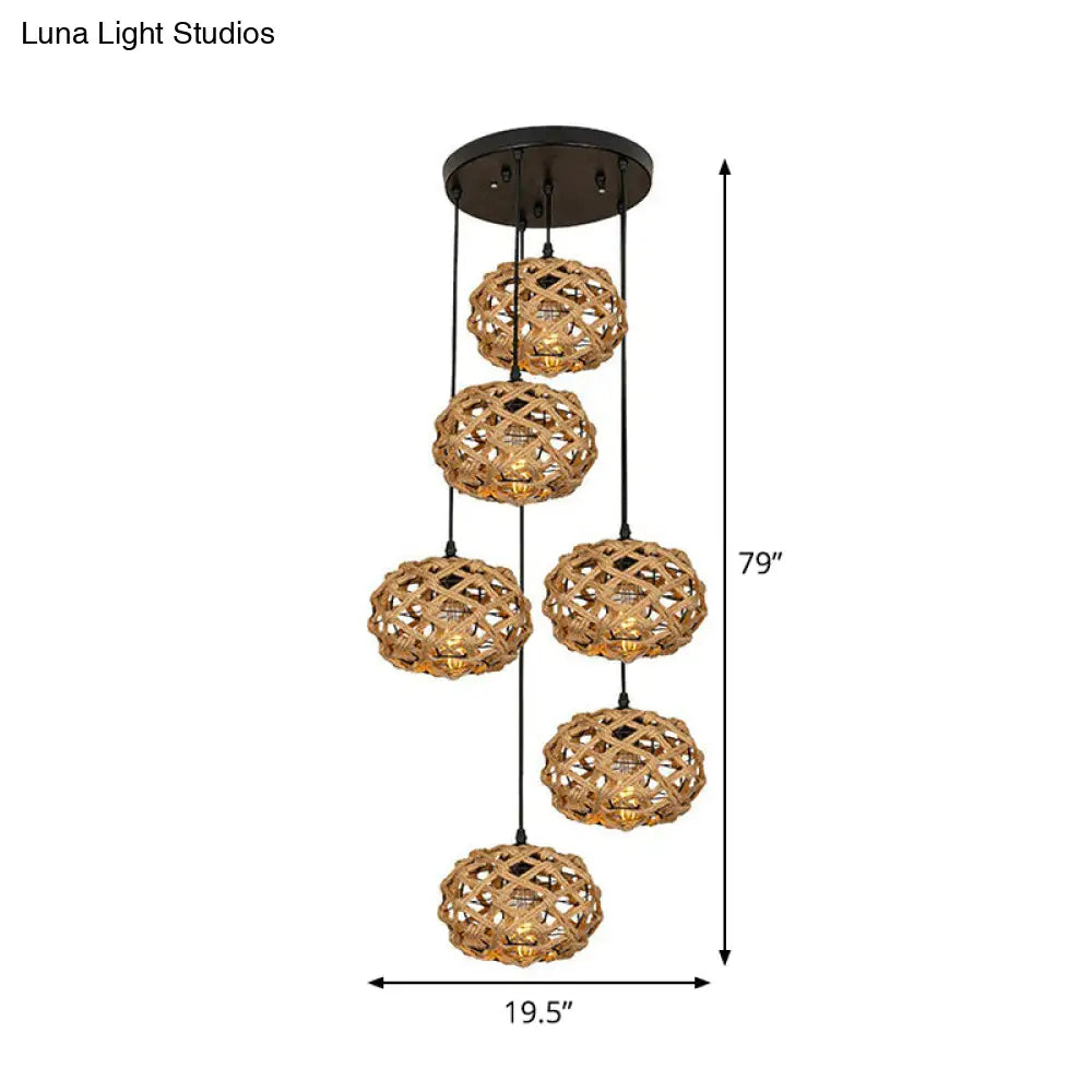 Rustic Oval Pendant Light With Cross-Woven Rope And Multiple Bulbs For Kitchen Or Bar Area