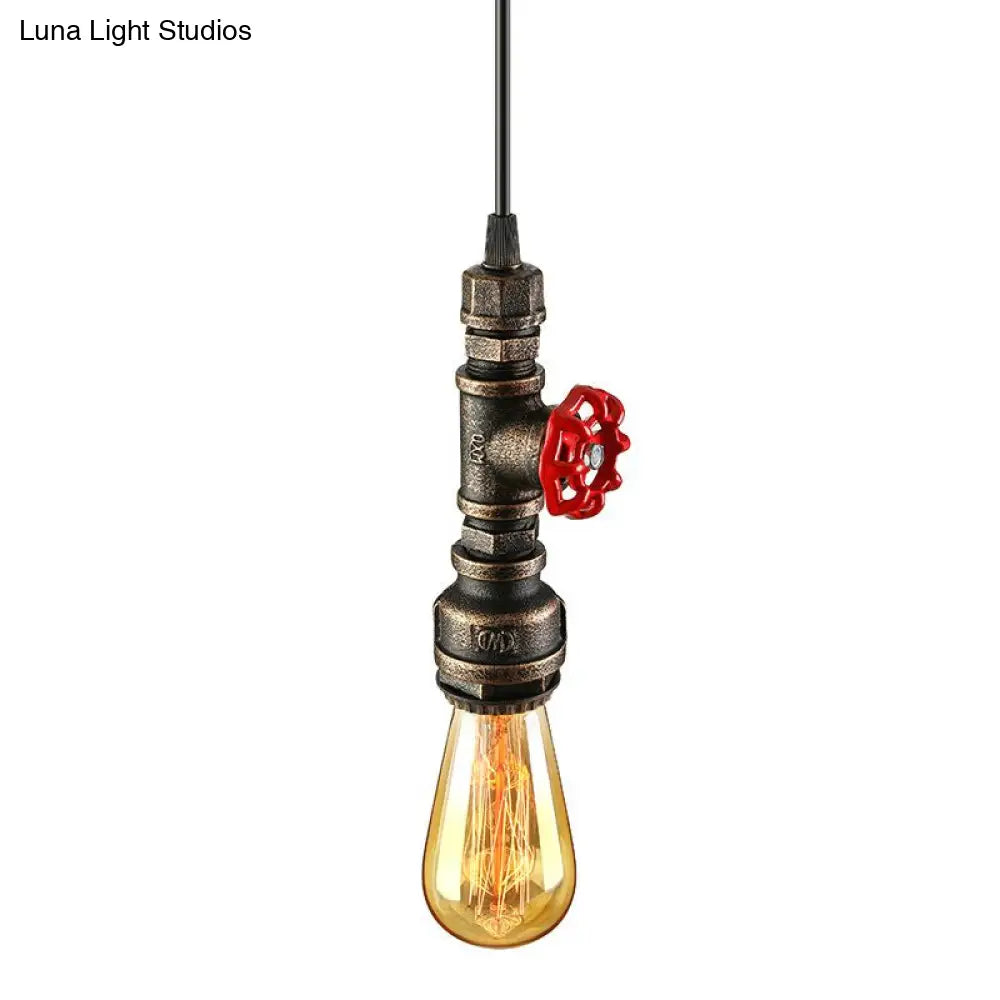 Rustic Pipe Hanging Lamp: Farmhouse Style Wrought Iron Light Fixture With Red Valve -