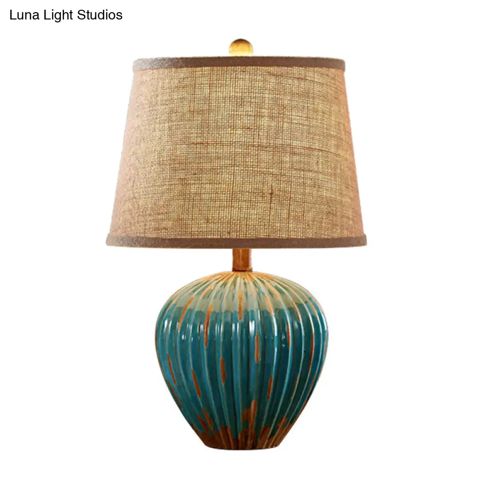 Rustic Red/Blue Ceramic Table Lamp With Tapered Drum Shade
