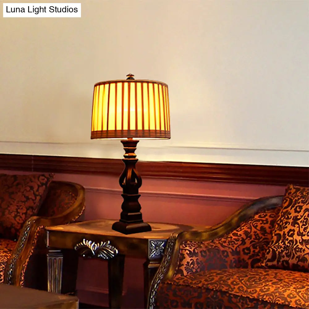 Rustic Red Brown Pleated Fabric Table Lamp: 1 Head Drum Shade Nightstand Light For Living Room
