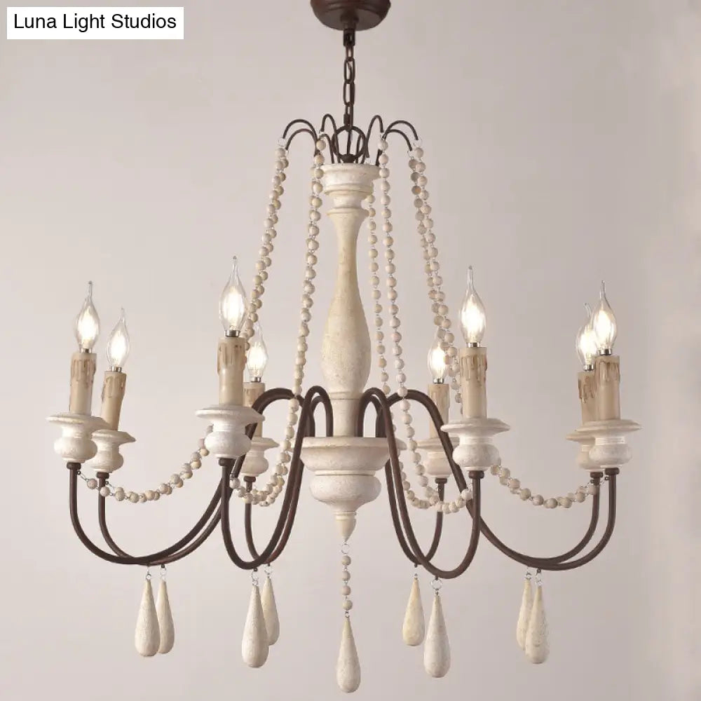 Rustic Scrolled Arm Pendant Light: Distressed Wood Chandelier For Living Room