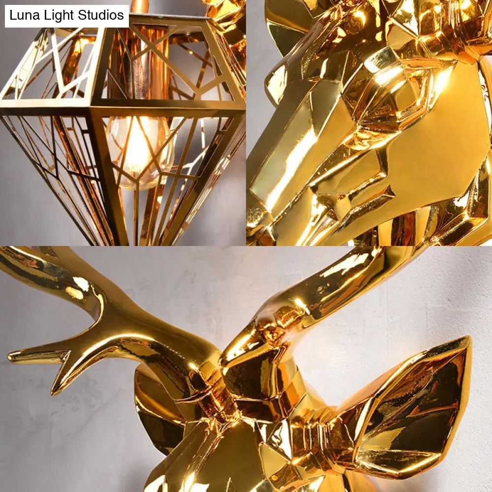 Rustic Silver/Gold Diamond Indoor Sconce Light With Deer Backplate - 1 Resin Wall Lamp Fixture