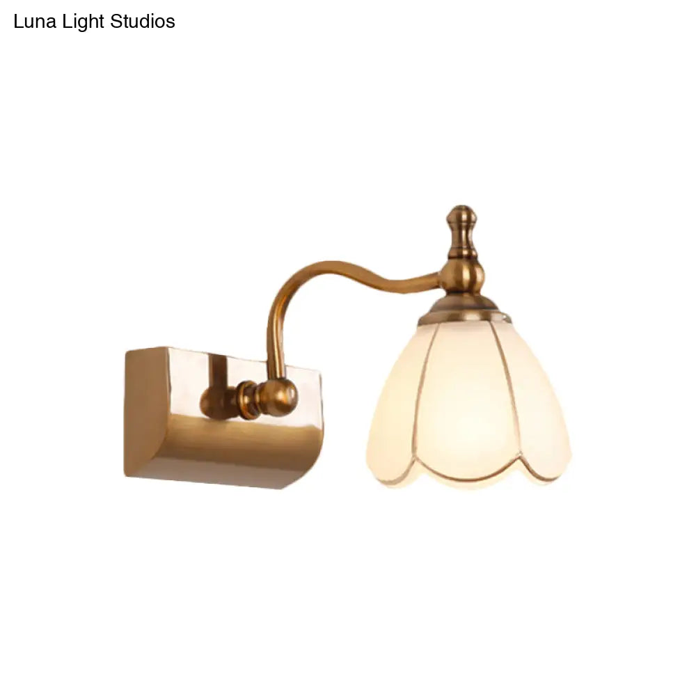 Rustic Wall Mounted Vanity Lamp: White Glass Brass Scalloped 1/2-Light With Curved Arm