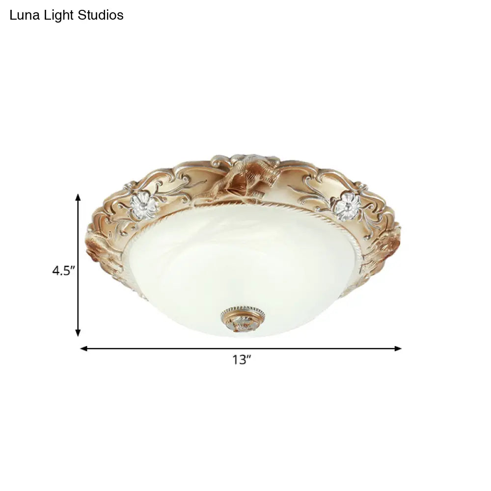 Rustic White Glass Bowl Flush Mount Light With Carved Edge - 2/3 Bulbs 13’/17’ Wide