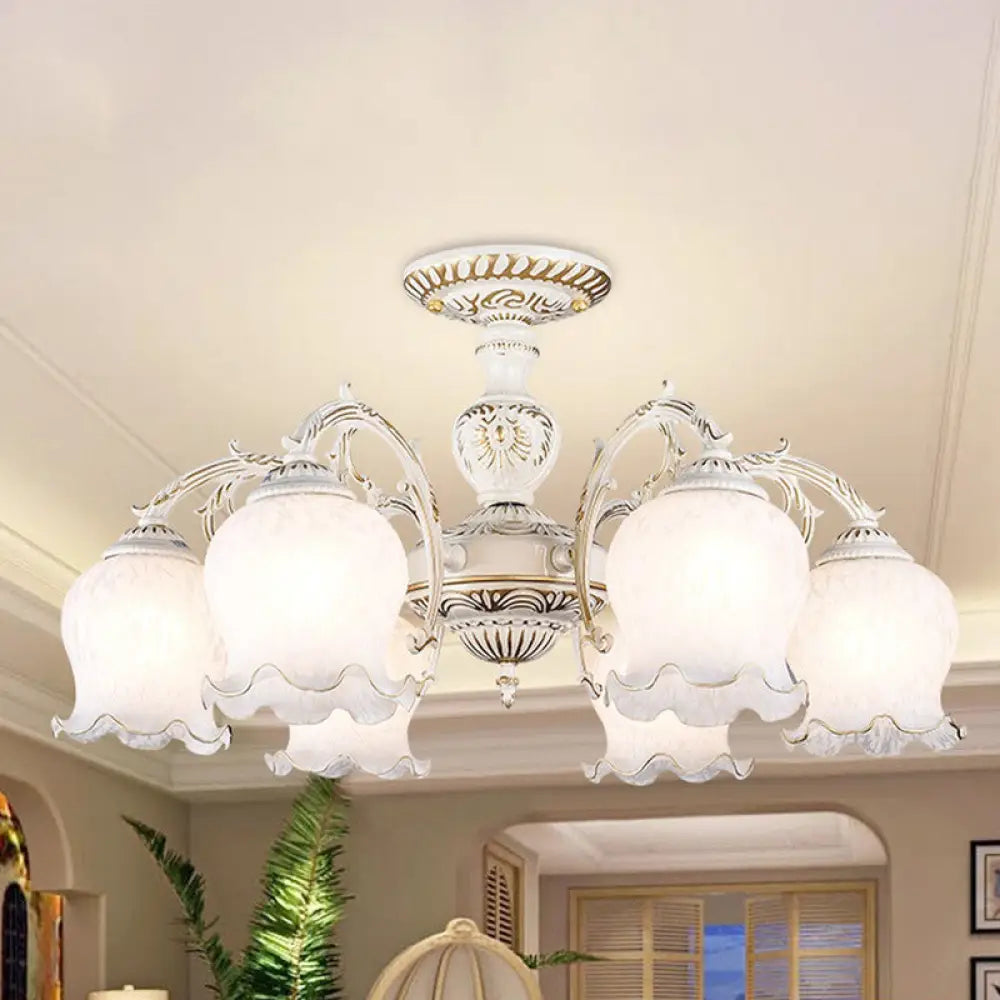 Rustic White Glass Semi Flush Mount Light Fixture With Beige Finish - Flower Living Room 3/5/6