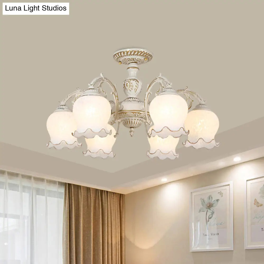 Rustic White Glass Semi Flush Mount Light Fixture With Beige Finish - Flower Living Room 3/5/6 Bulbs