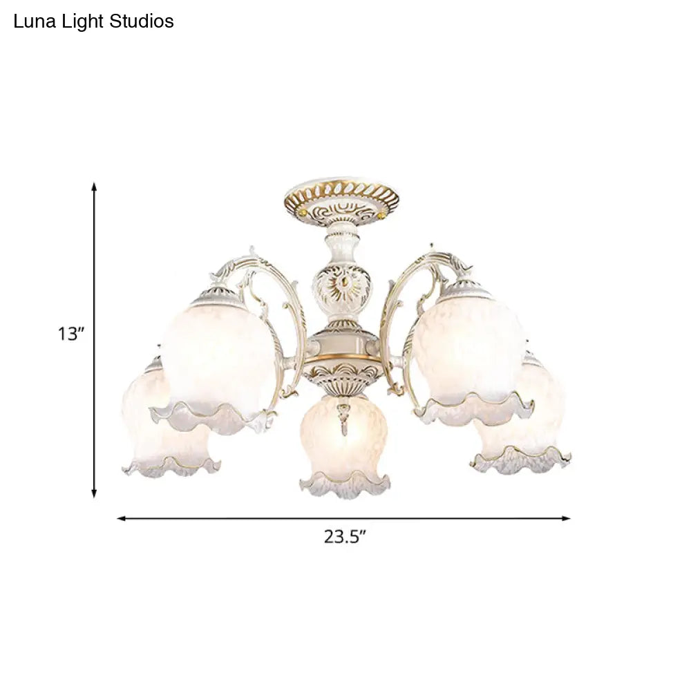 Rustic White Glass Semi Flush Mount Light Fixture With Beige Finish - Flower Living Room 3/5/6 Bulbs