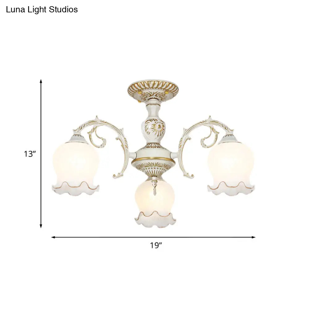 Rustic White Glass Semi Flush Mount Light Fixture With Beige Finish - Flower Living Room 3/5/6 Bulbs