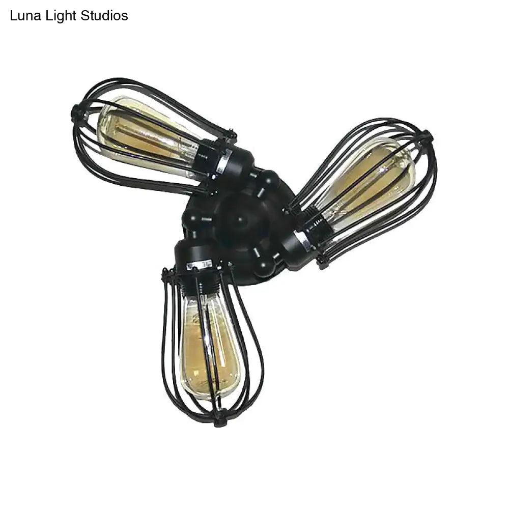 Rustic Wire Frame Ceiling Light - Vintage Bulb Shape With 3/5 Metal Lights In Black For Farmhouse