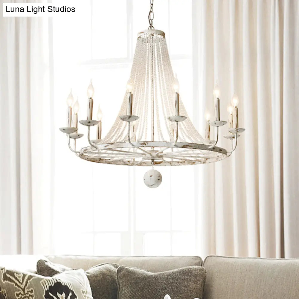 Rustic Wood Bead Chandelier With Clear Crystals - Vintage Wagon Wheel Pendant Light For Living Room