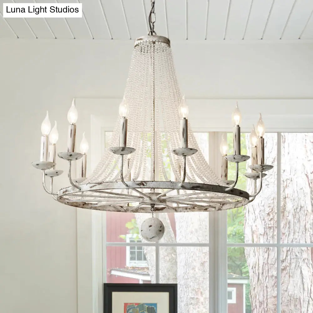 Rustic Wood Bead Chandelier With Clear Crystals - Vintage Wagon Wheel Pendant Light For Living Room