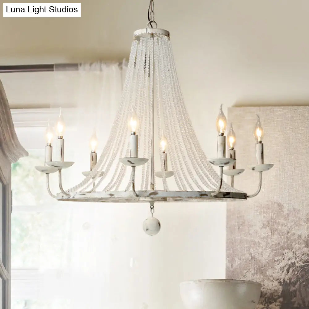 Rustic Wood Bead Chandelier With Clear Crystals - Vintage Wagon Wheel Pendant Light For Living Room