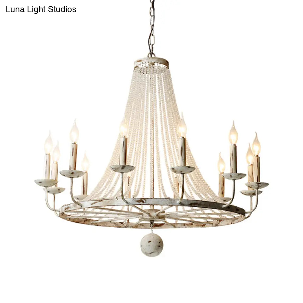 Rustic Wood Bead Chandelier With Clear Crystals - Vintage Wagon Wheel Pendant Light For Living Room