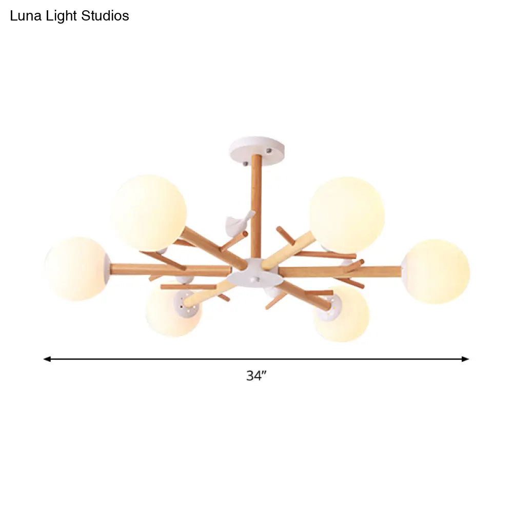Rustic Wood Pendant Light With White Globe Shade And Bird Detail - Ideal For Dining Room