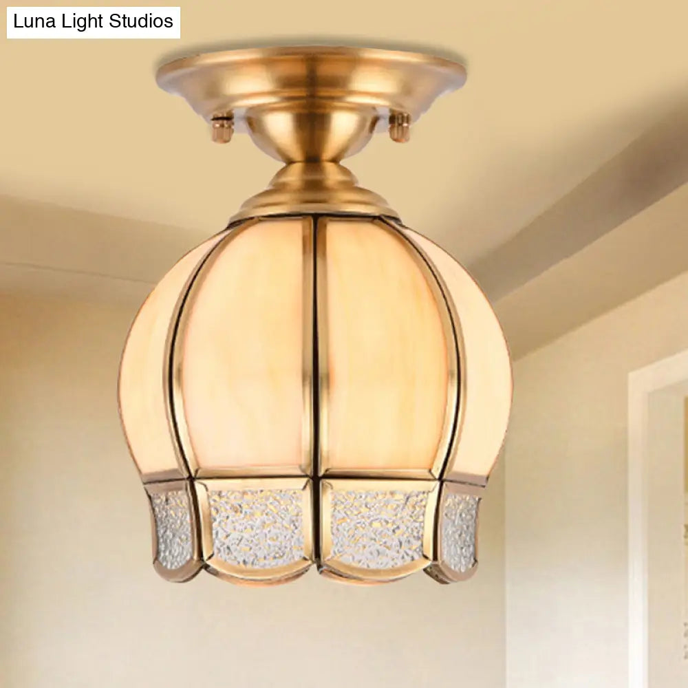 Semi Flush Mount Brass Lamp With Milk Glass Shade - Ceiling Light For Balcony