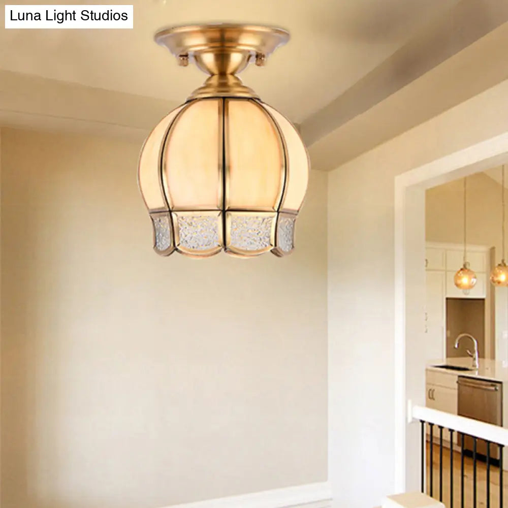 Semi Flush Mount Brass Lamp With Milk Glass Shade - Ceiling Light For Balcony