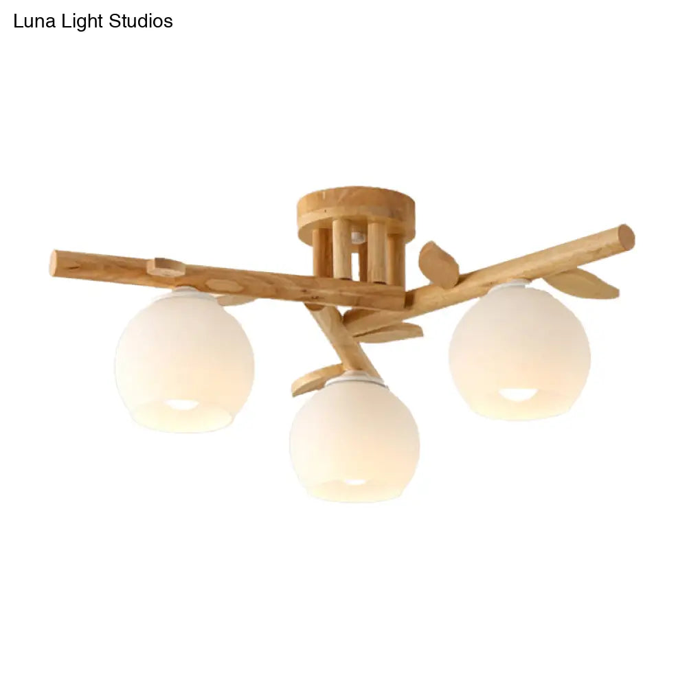 Semi Flush Opal Glass Ceiling Lamp With Wooden Branch - Creative Sphere Dining Room Light In Beige
