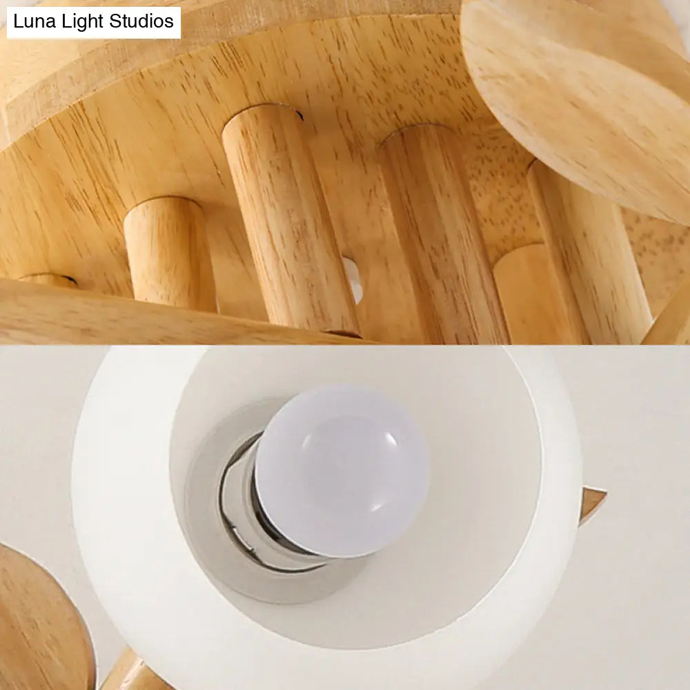Semi Flush Opal Glass Ceiling Lamp With Wooden Branch - Creative Sphere Dining Room Light In Beige