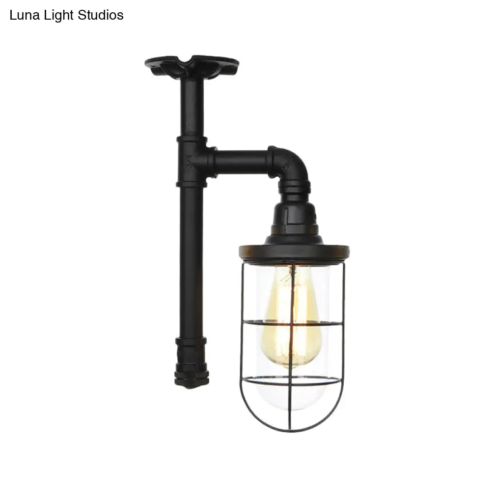 Semi Flushmount Antiqued Black Iron Ceiling Lamp With Clear Glass Shade