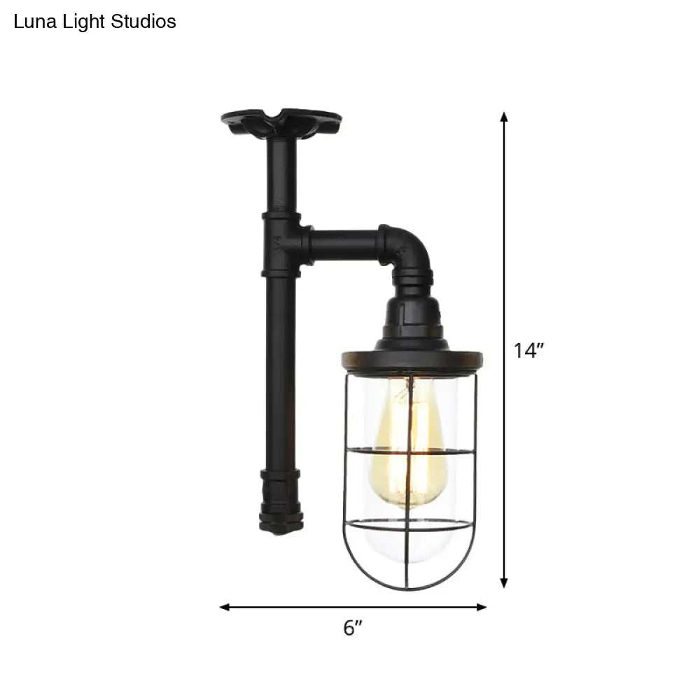 Semi Flushmount Antiqued Black Iron Ceiling Lamp With Clear Glass Shade