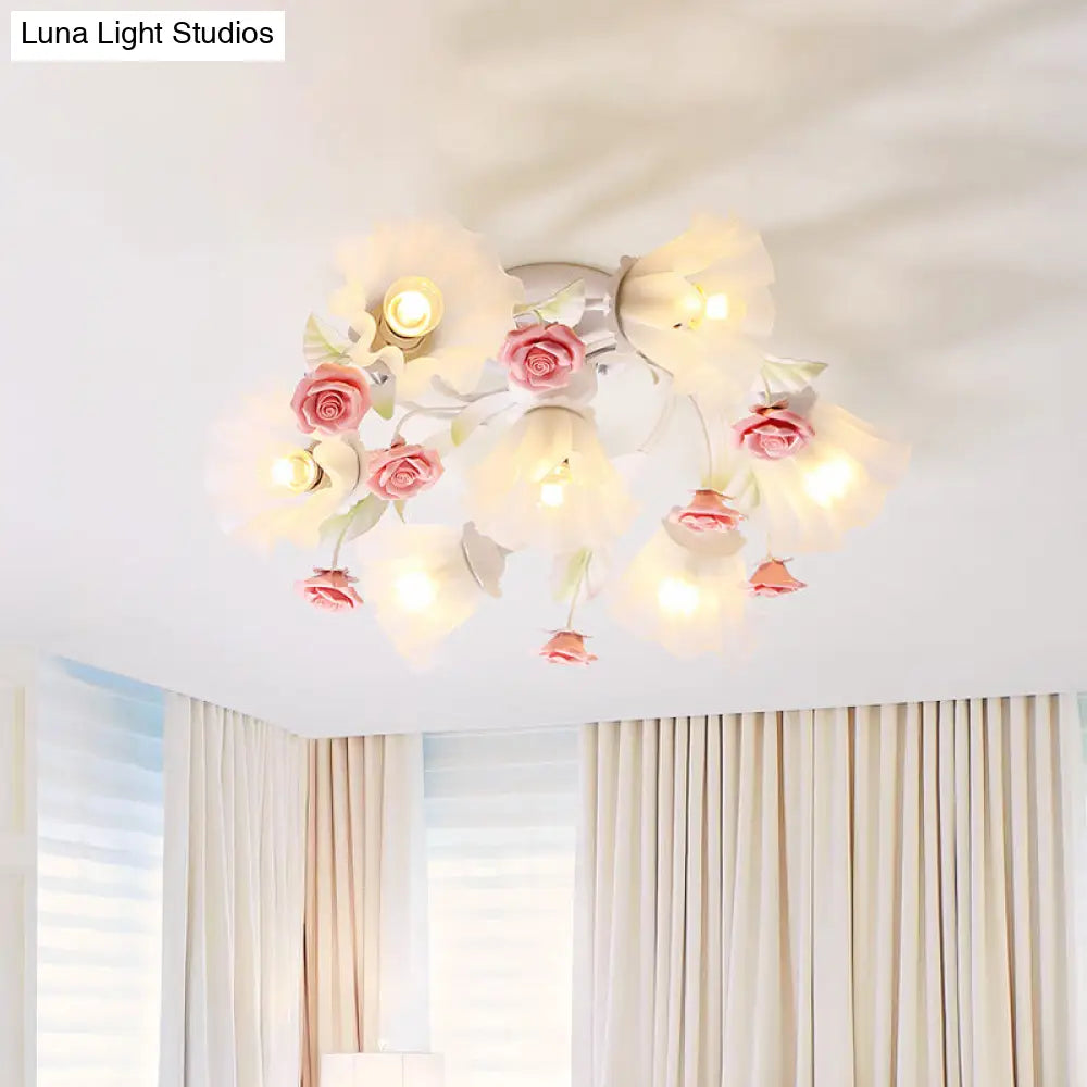 Semi Mount Ceiling Light Fixture - Countryside Spiral Design 7 Lights White Glass Ideal For Living
