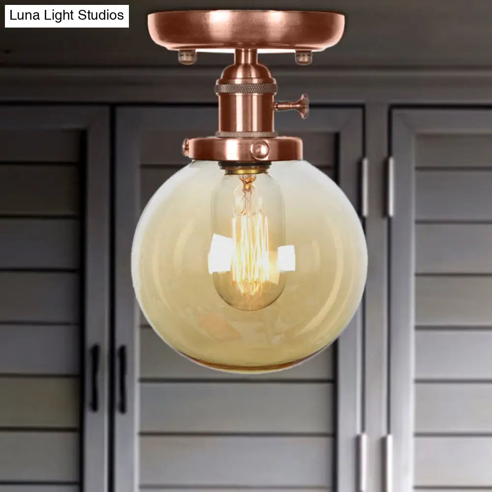 Semi Mount Industrial Ceiling Light In Copper - Clear/Amber Glass Globe Round Design 1 Bulb Perfect