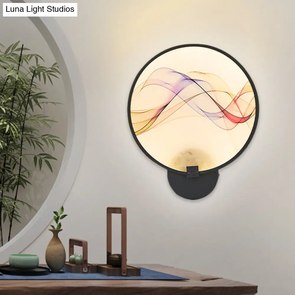 Silk Flush Wall Mural Sconce: Circle Design Led Mounted Lighting Fixture In Asia Fabric White/Beige