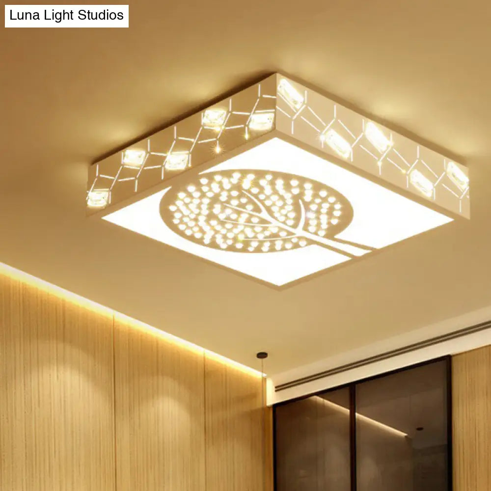 Simple Crystal Led Flush Mount Fixture - White Tree Design With Warm/White/3 Color Lighting For