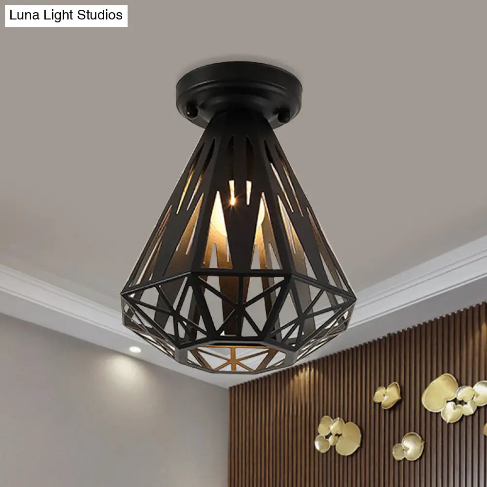 Simple Small Diamond Cage 1-Light Flush Mount Iron Ceiling Light In Black/White