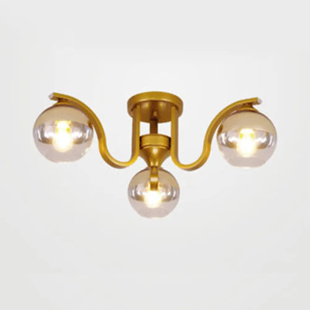 Simple Style Study Room Ceiling Light - Globe Shade Clear Glass 3 Lights Semi Mount Gold
