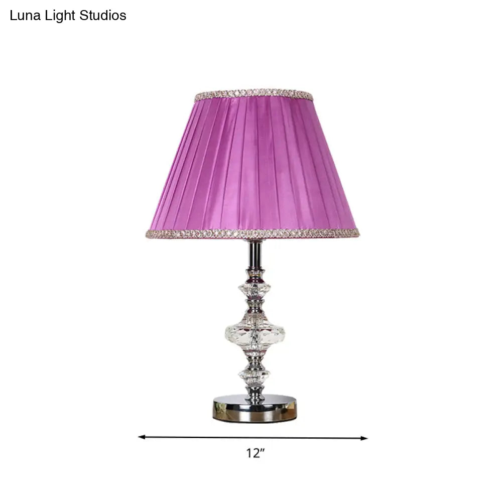 Single Bulb Purple Nightstand Lamp With Crystal Accent - Conical Fabric Light For Bedroom