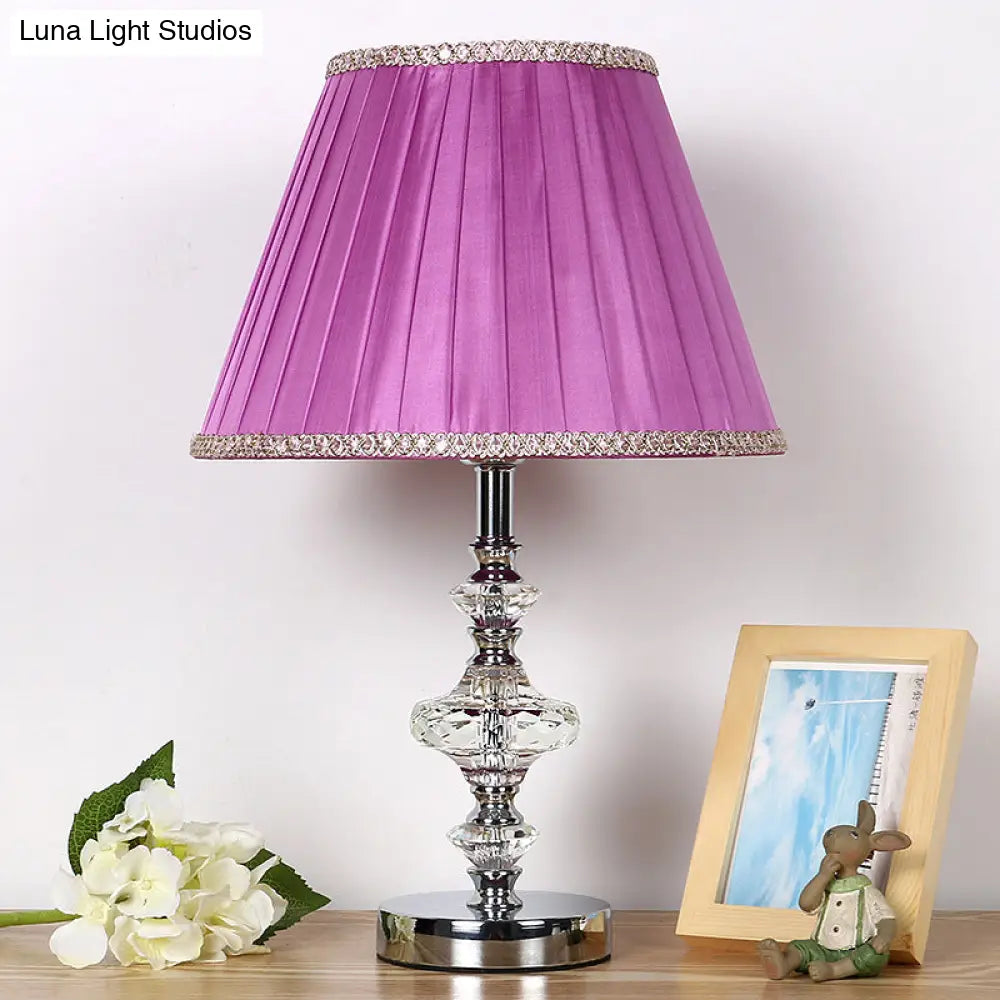 Single Bulb Purple Nightstand Lamp With Crystal Accent - Conical Fabric Light For Bedroom