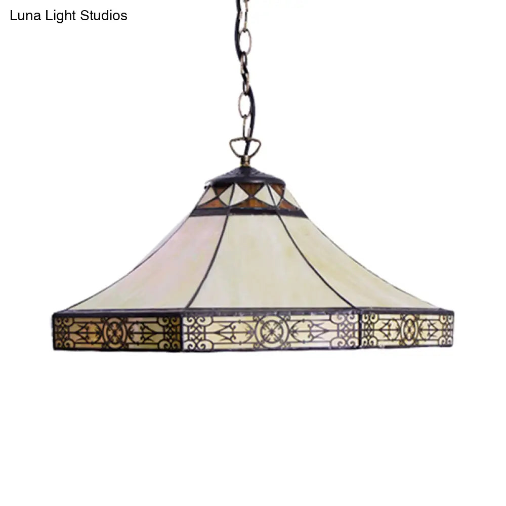 Single Bulb Stained Glass Tiffany-Style Cone Pendant Light In Beige For Living Room